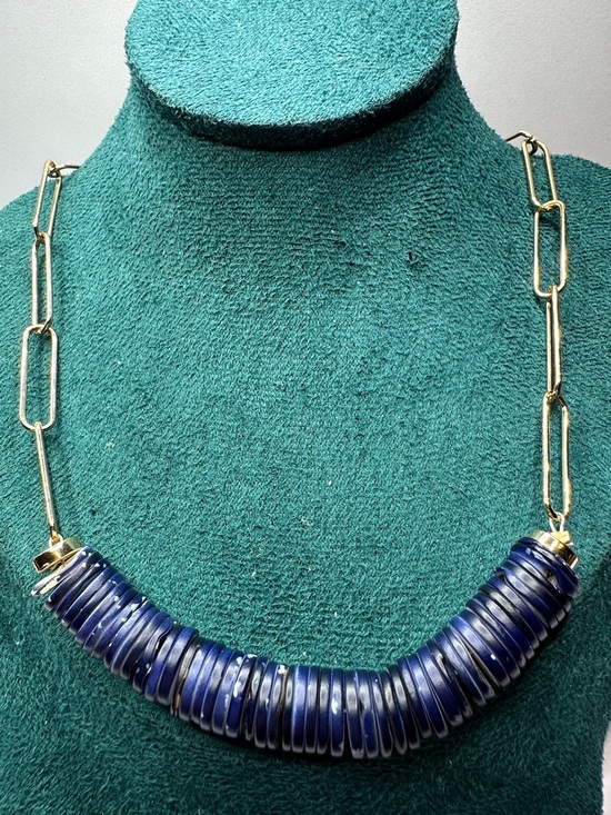 Jewelry - Gold Paperclip Chain Necklace with Navy Shell Disc Beads